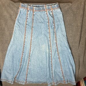 Vintage Stampede Blue Denim Midi Skirt with Orange Stitching Elastic Waist